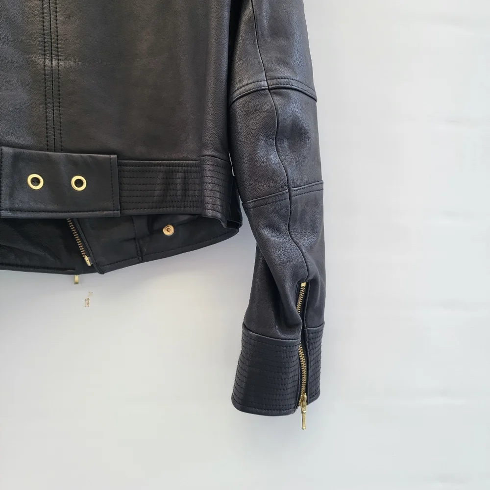 Truth+Pride Black Leather Moto Jacket Size Large Minimalist Classic Gold Neutral - Picture 13 of 16